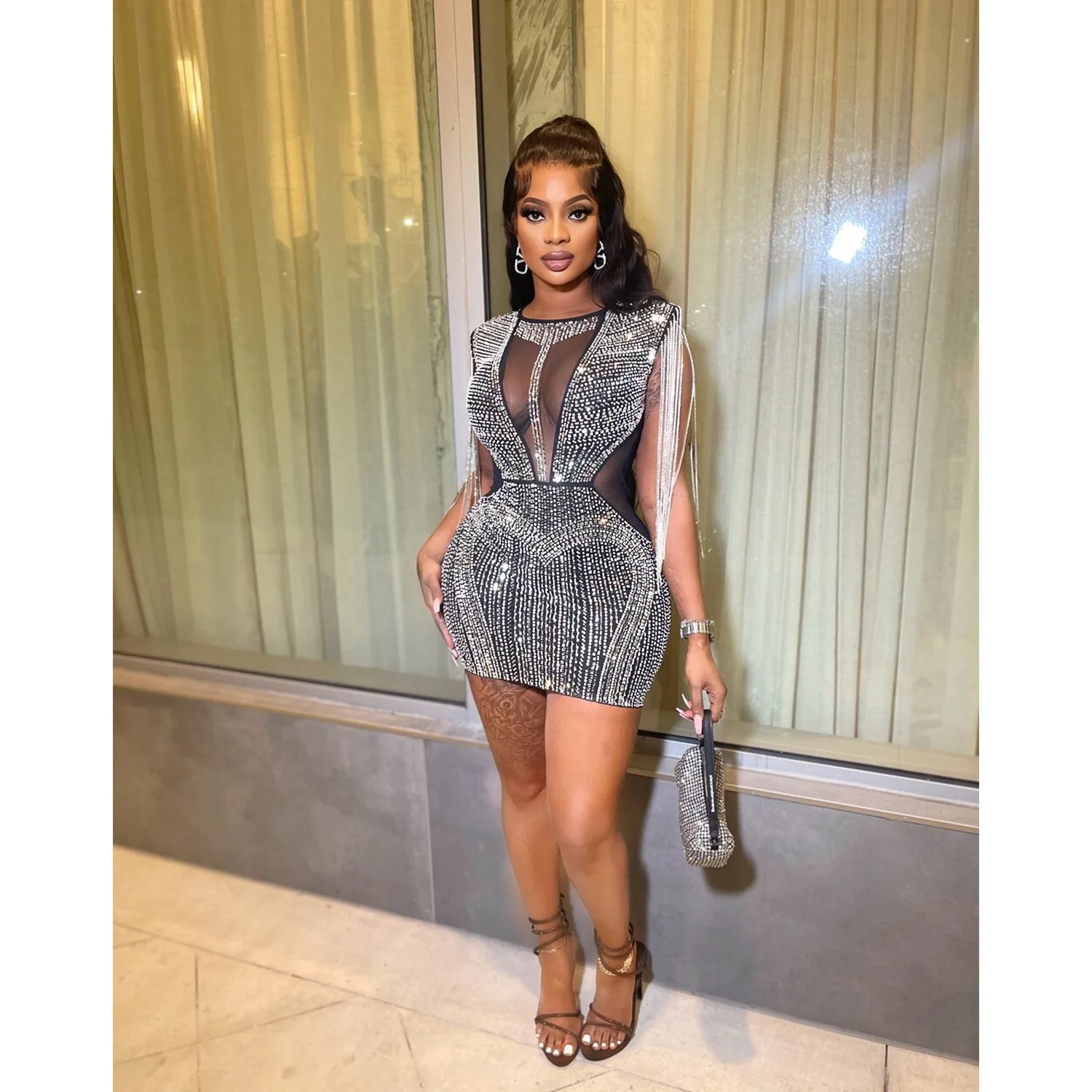 X51209 trendy mesh sleeveless short see through rhinestone fringe bandage sexy party dresses women