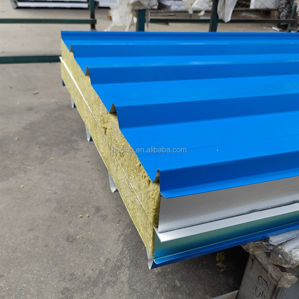 Rock Wool Products Fireproof Sandwich Panel Color Steel Insulation Rock Wool Sandwich Panel Corrugated Prefab Warehouse