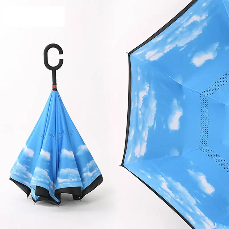 Custom Upside-Down C Hands Free Handle Inside Out Double Layer Sided Car Reserve Inverse Reversible Inverted Reverse Umbrella