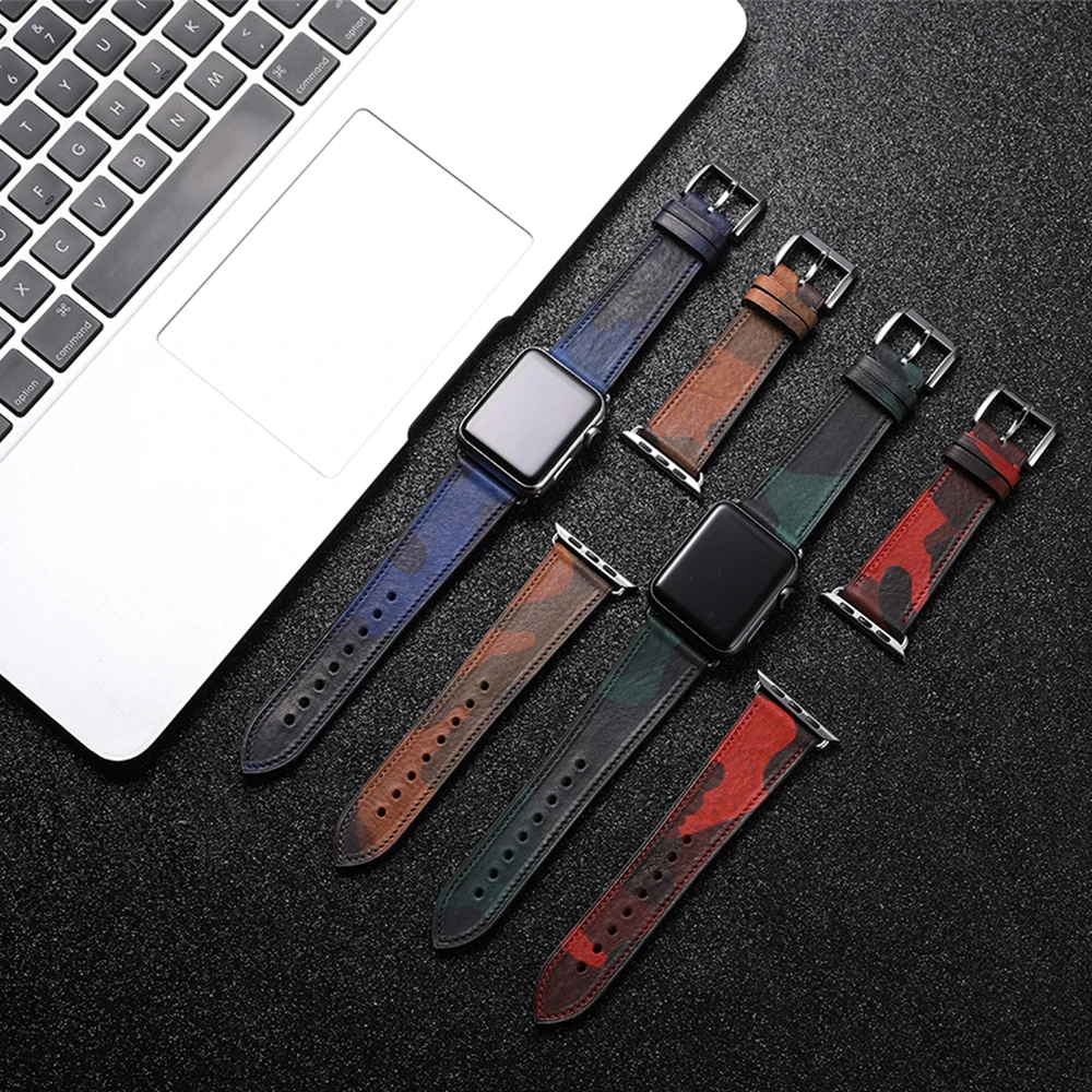 Italy CAMO Milled Vegetable Tanned Leather Watch Band Replacement for Apple Watch Series