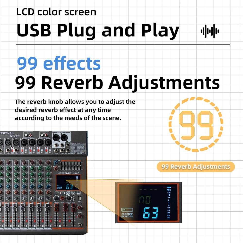 8 Channel Mixing Console USB Bluetooth Reverb Monitor Mic Input Mixer with LED Display 99 DSP Effects MP3 Player DJ Controller