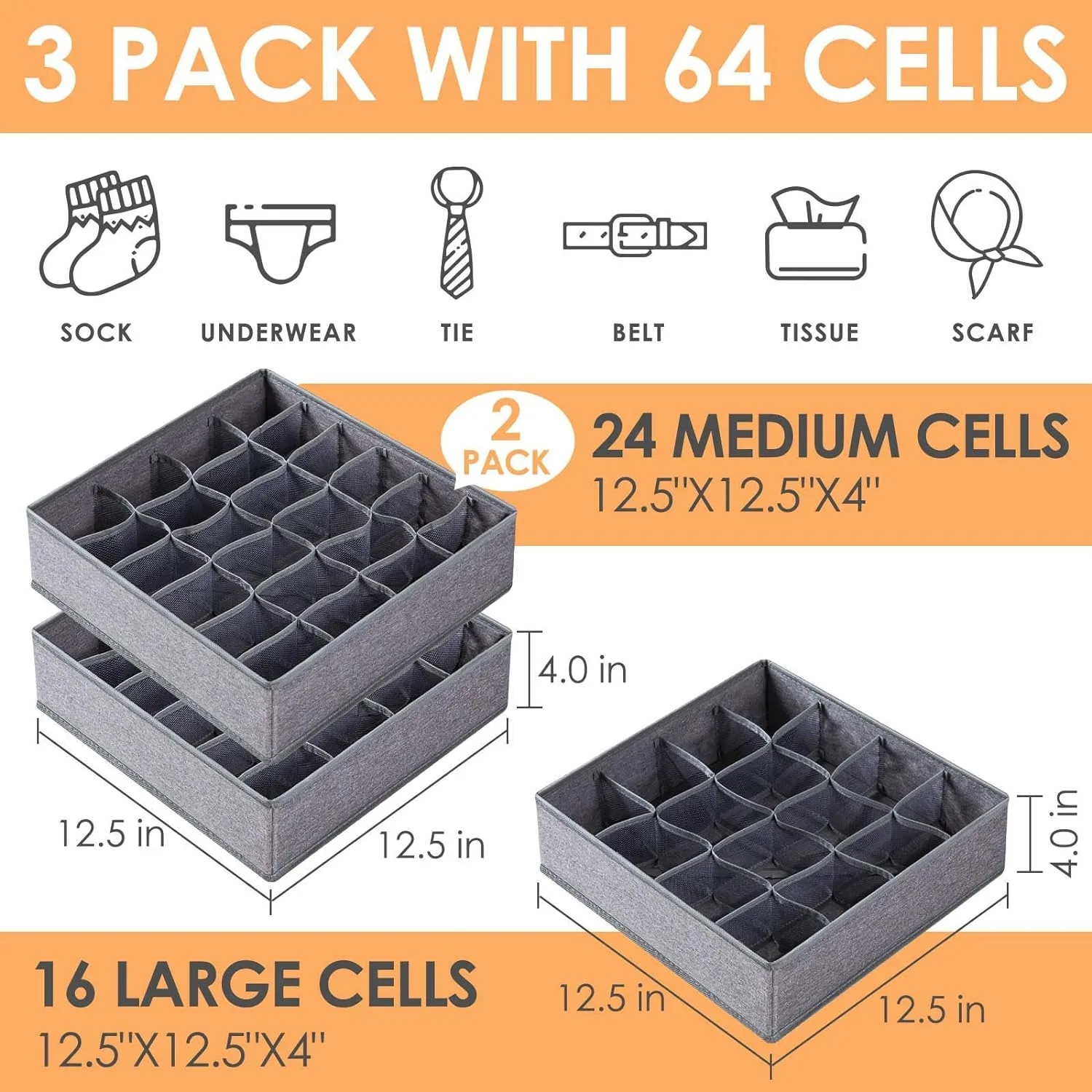Foldable 64 Cell Fabric Collapsible Cabinet Closet  3 Pack Sock Ties Underwear Organizer With Dividers Organizers Storage Boxes