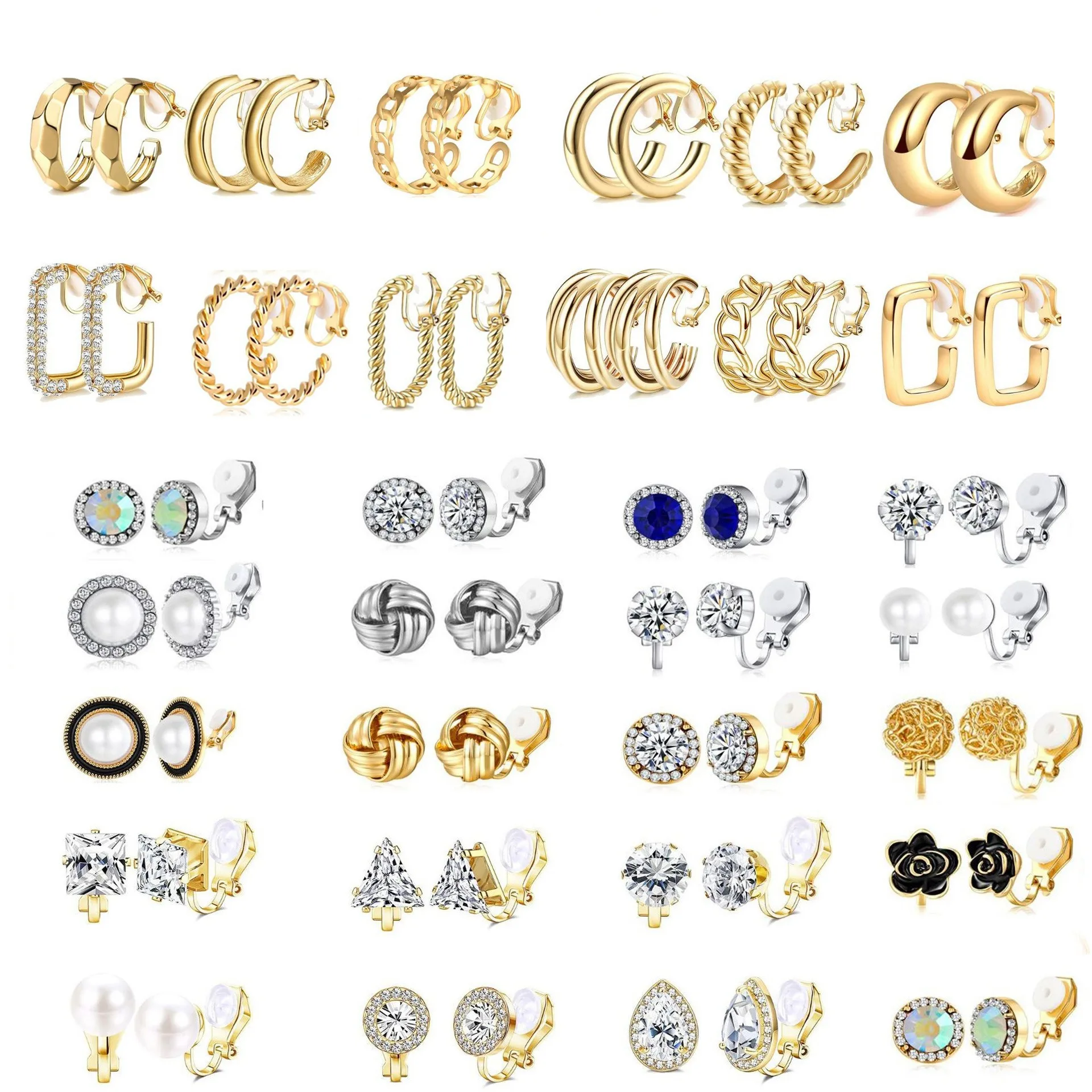Clip on Stud Earrings Non Pierced Teardrop Round Square Pearl Twist Knot Flower Butterfly Heart Ear Clips on Earrings for Women