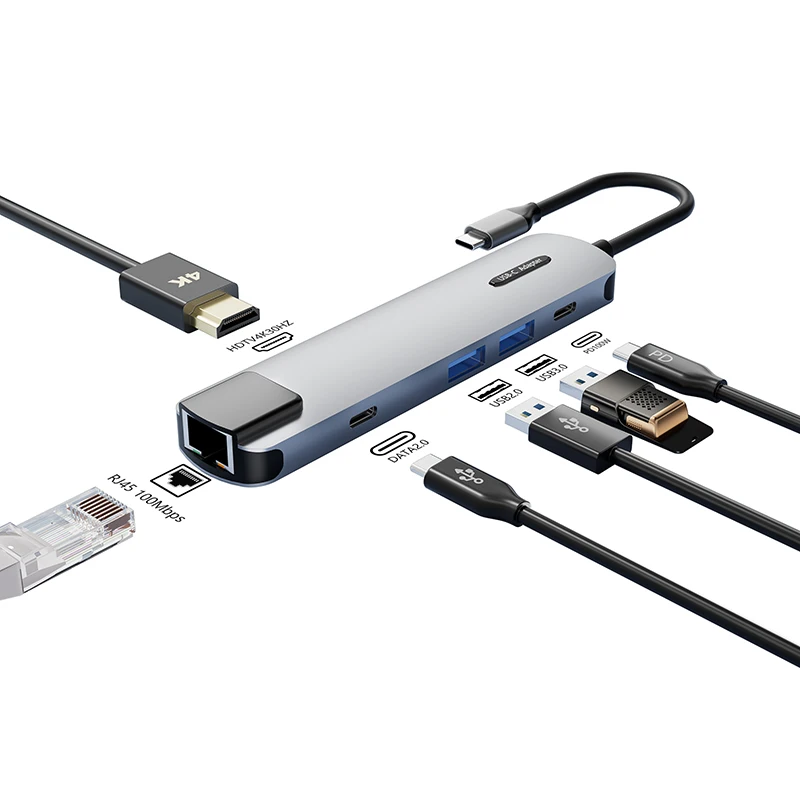 Aluminium Alloy 6 Ports  Type-C To Usb Hub With Pd 100W Hdtv 4K Multi Functional Usb C Hub Device Ethernet Hub Usb-C