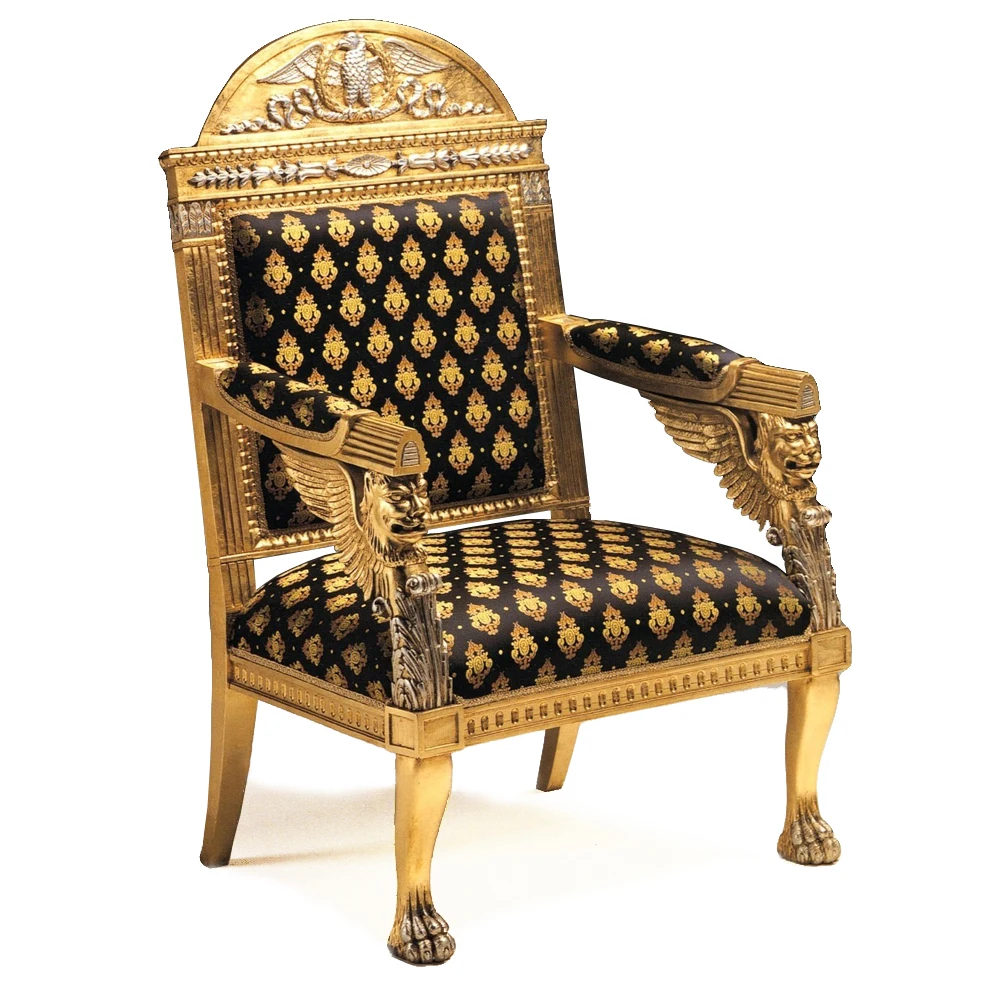 Luxury Exquisite Living Room Furniture Antique Barocco Style Wood Carved Gold Lion and Eagle Ornate Black Velvet Armchair