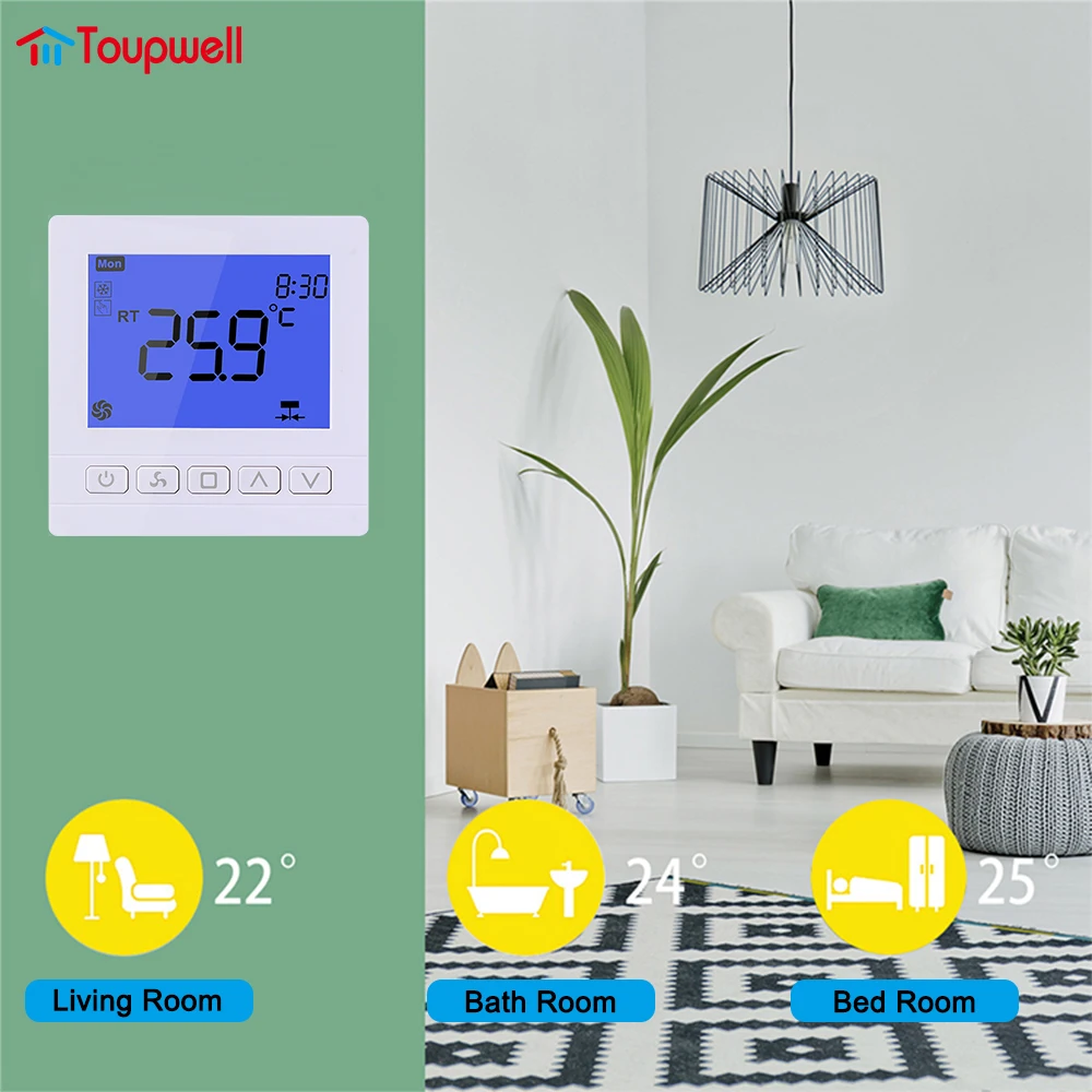 Smart home temperature controller digital programmable LCD digital Touch Button 2 pipe Fan Coil Room Thermostat