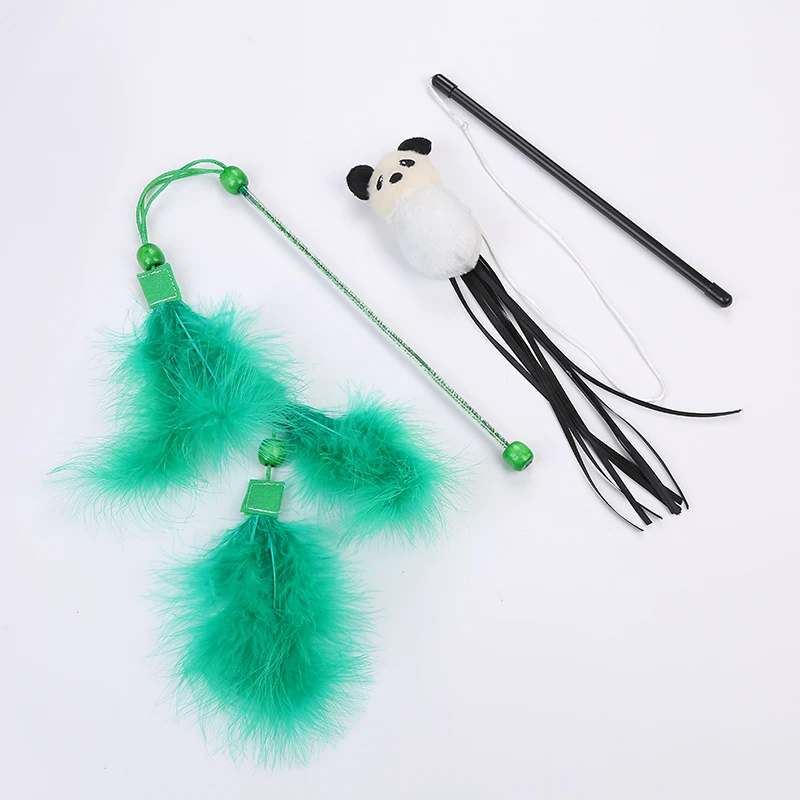 panda and green feather shape cat teaser interactive toy wholesale pet supplies in stock