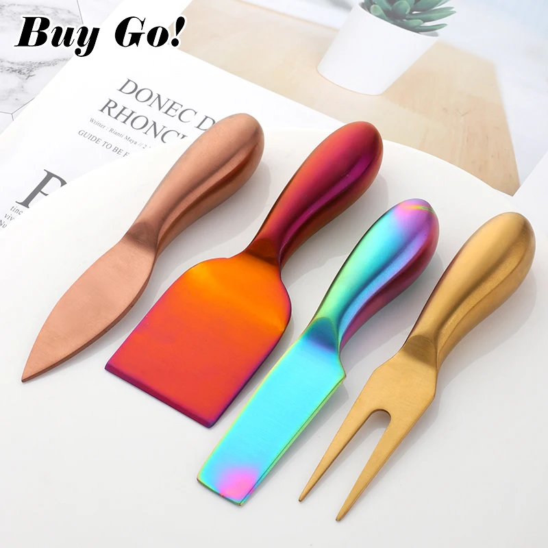 4 Pieces Cheese Cutter Color Plated Stainless Steel Cheese Shaver Fork Spreaders Cheese Knife Set