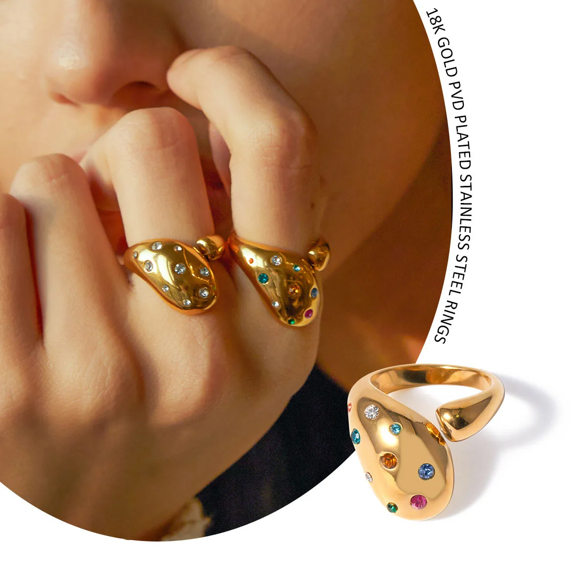 Luxury Fashion 18K Gold Colorful Open Ring Stainless Steel Gemstone Cocktail Jewelry Rings With Diamonds