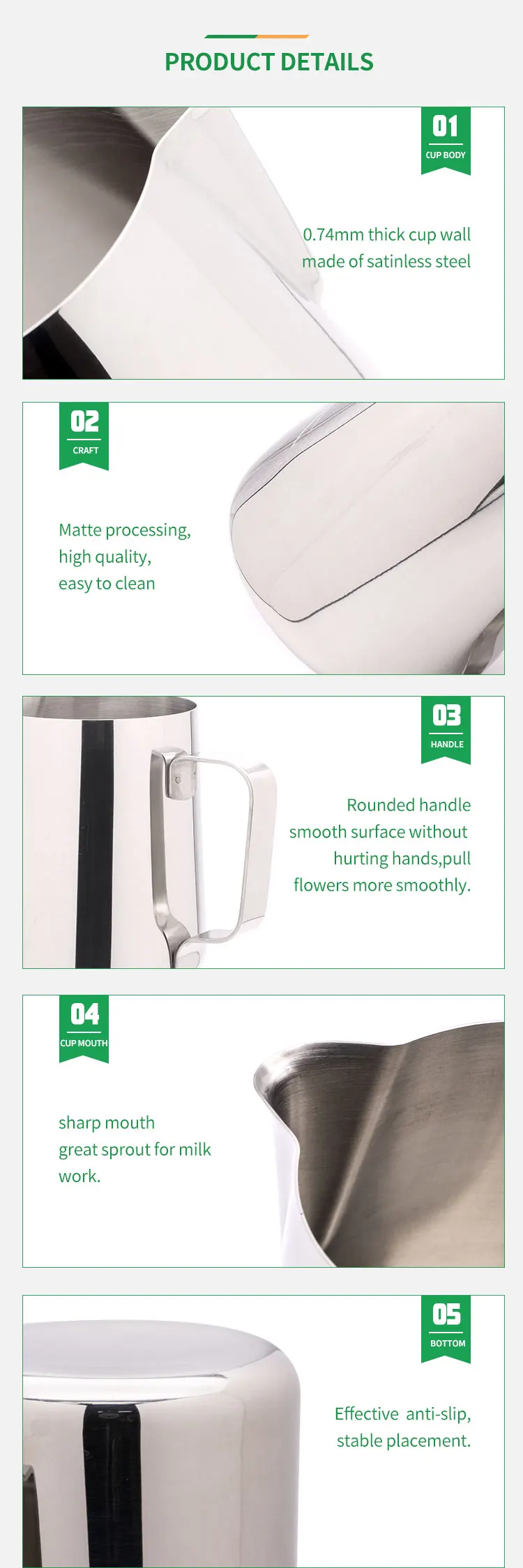 Various capacities Eagle Spout Latte Art 304 Stainless Steel Coffee Milk Jug Barista Milk Frothing Pitcher