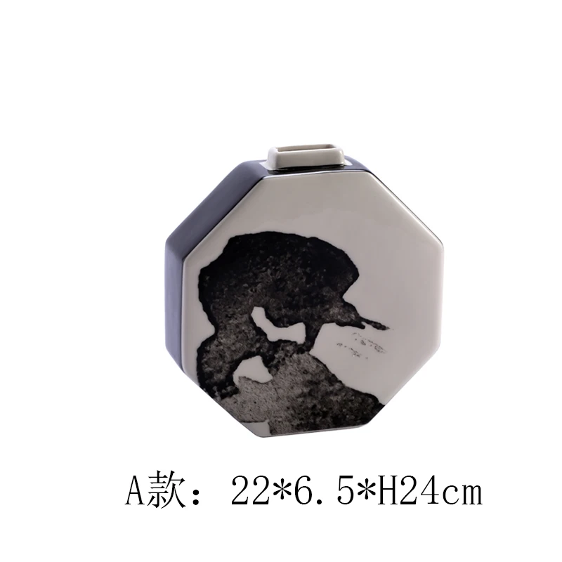 Chines Luxury Octagonal Flat Vase Chinese Ink Painting Decorative Ceramic Jar for Storage And Decoration