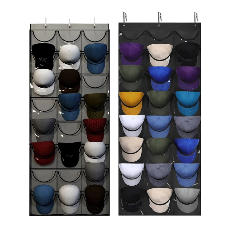 Hanging Hat Storage Organiser With 24 / 27 Clear Pockets 3 Hooks Over The Door Large Hat Rack Behind Door Baseball Cap Organizer