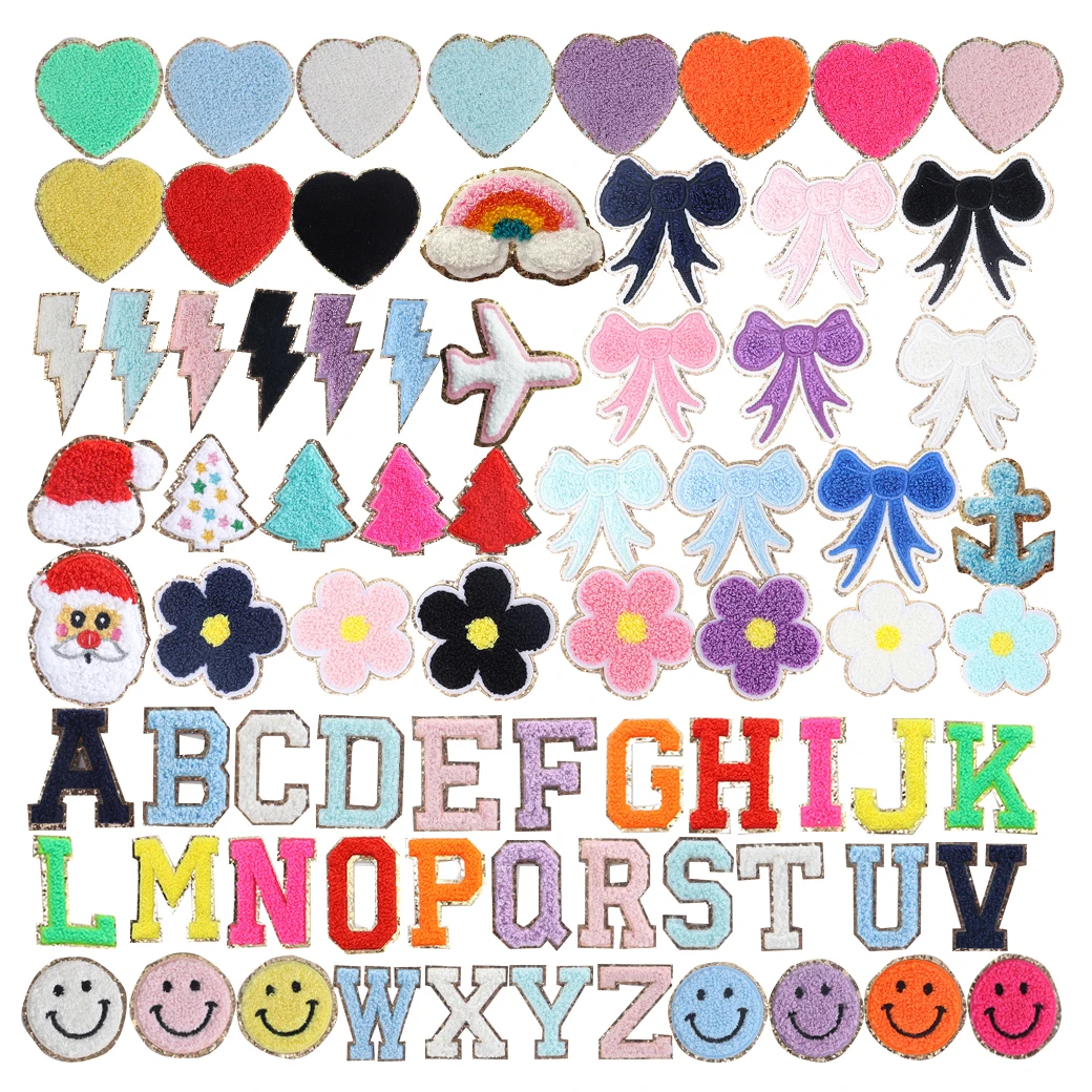 Keymay Stock Multi Colors 5.5/6.2 Small Large Alphabet Letters Heart Rainbow Flower Sticky Towel Embroidery Chenille Patches