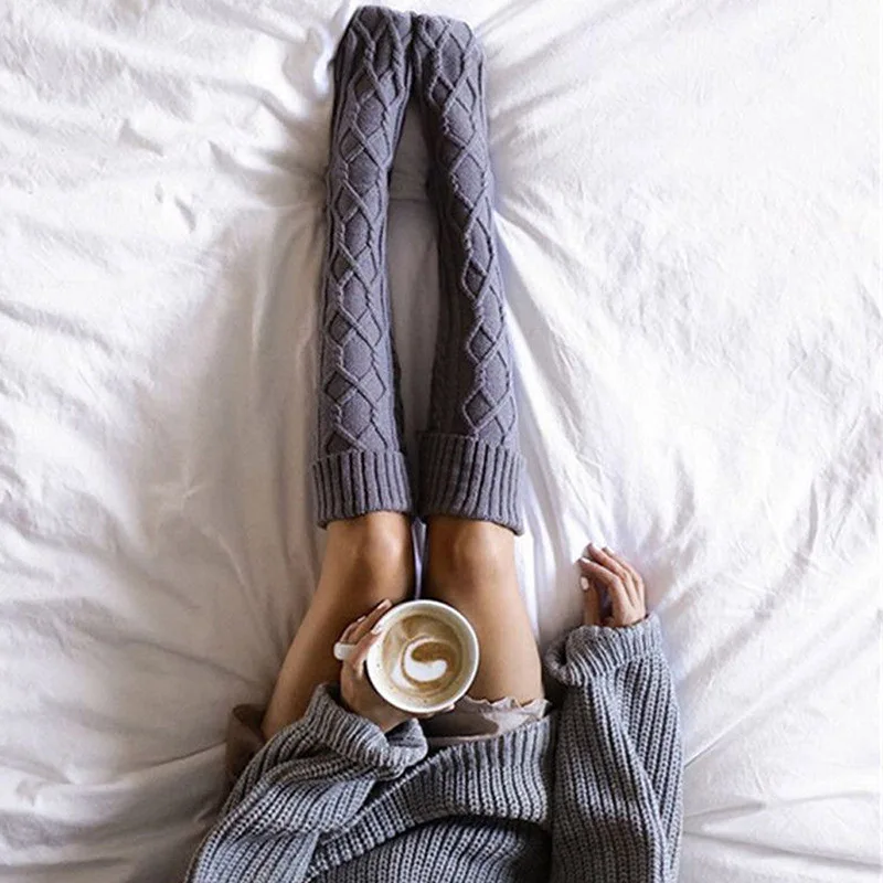 Winter crochet cable knit extra long thick over knee stockings cozy thigh high sock boots with pom pom