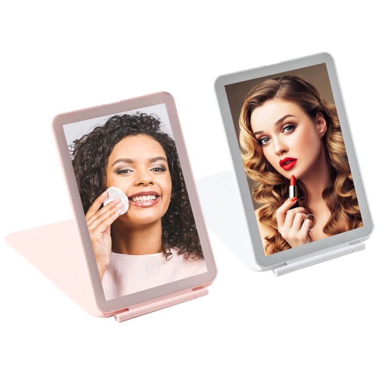 Rechargeable Travel Makeup Mirror 3 Color Lighting Tabletop LED Folding Cosmetic Vanity Mirror Portable Makeup Mirror
