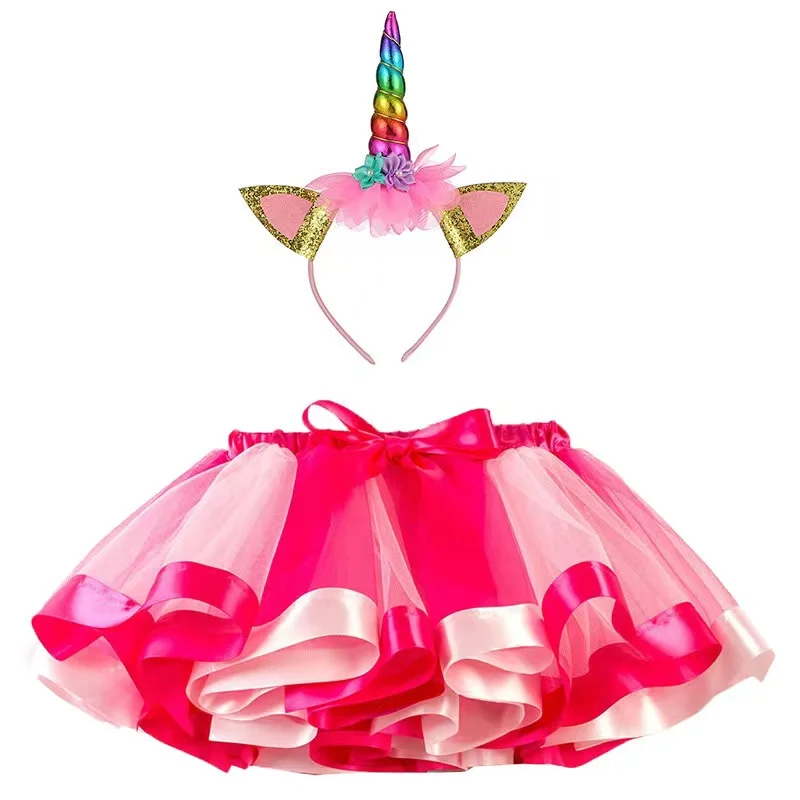 Fancy Rainbow Ballet Tutu Skirt Sets Tutu Skirt With Headbands Costume Christmas Rainbow Tulle Tutu Skirt For Girls