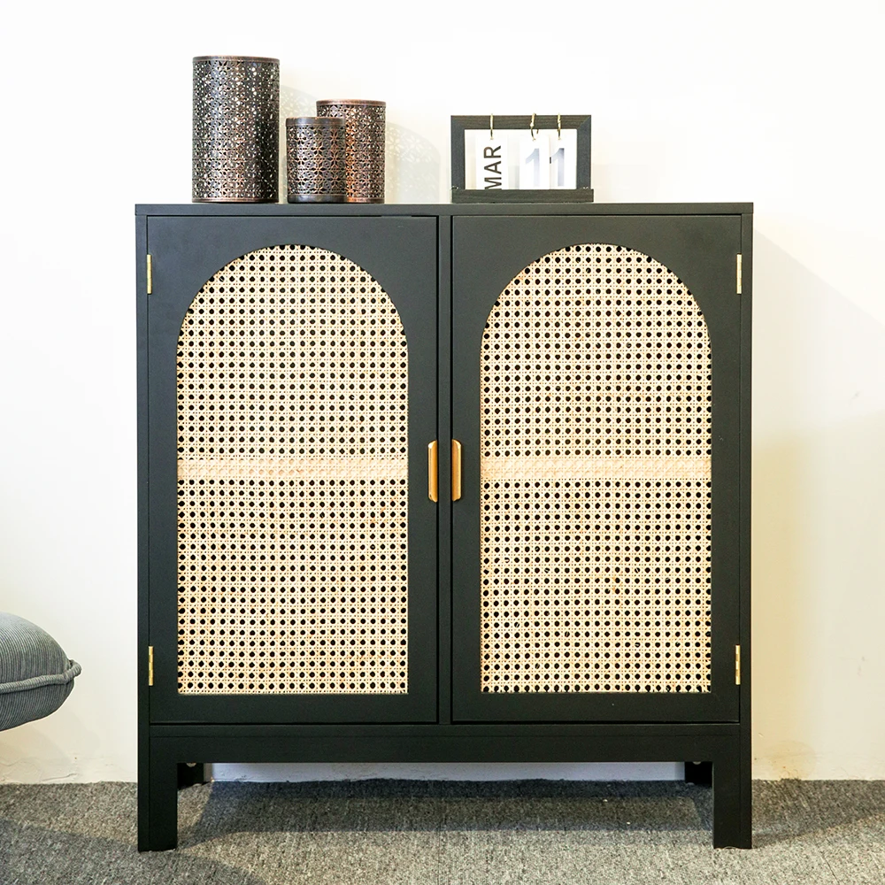 Custom High End Living Room Cabinets Double Door Pe Rattan Storage Cabinet Wooden Black Cane Rattan 2 Door Cabinet