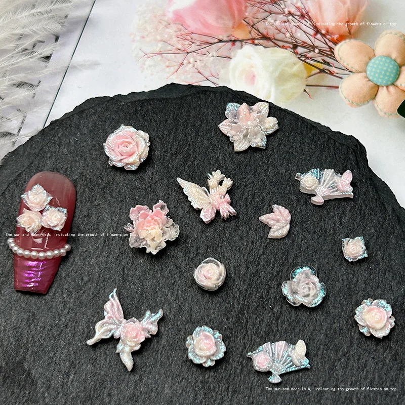 5pcs/bag Pink Resin 3D Kawaii Flower Butterfly Nail Charms Luxury Manicure Accessories for Nail Art Decoration