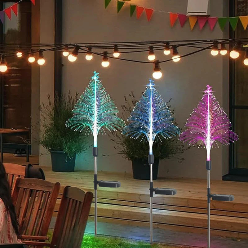 Solar Power Christmas Tree Garden Stake Lights Outdoor Waterproof Yard Pathway Outside Decorative Fiber Optic Jellyfish Lights