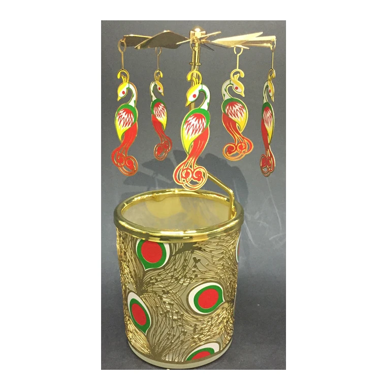 China factory custom rotating wooden rotary windmill metal colour peacock spinning candle holder for Christmas day gift
