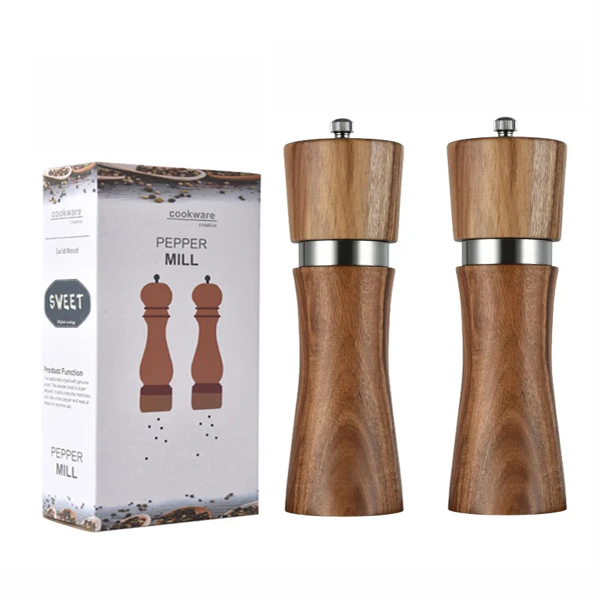 Beauty gift box design pepper mill acacia wooden pepper grinder set with OEM custom