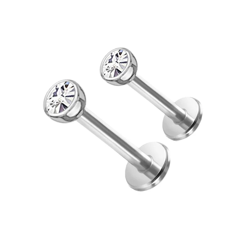 ASTM F136 Titanium Body Jewelry Internal Thread Lip Stud Design Bezel Set CZ Top Labret Piercing Jewelry For Woman
