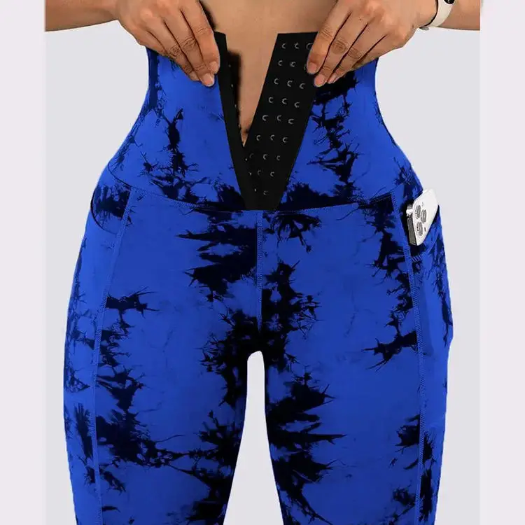 Girdle Pants Tie Dye Print Tummy Control Butt Lifting Pocket Design Yoga Pants Skinny Female Sports Trousers Ladies Leggings