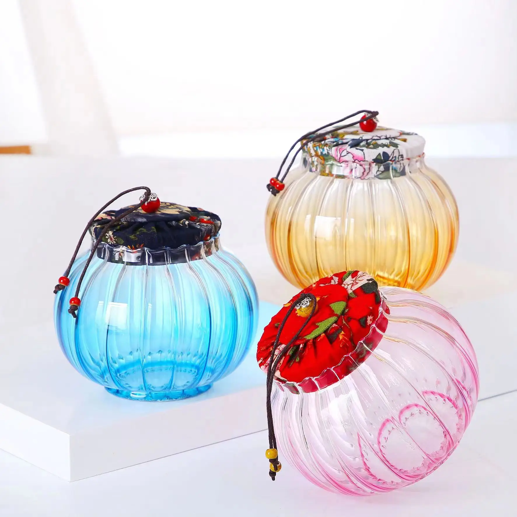 Pumpkin shaped glass storage tank High borosilicate colored glass storage tank with lid good quality and affordable