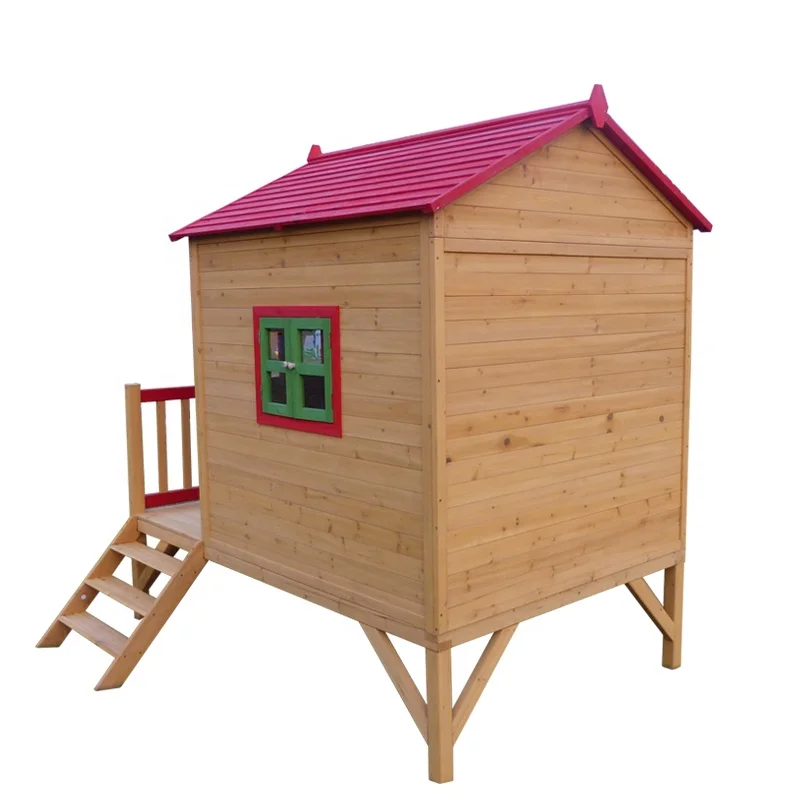wooden kids outdoor playhouse with slide and stair