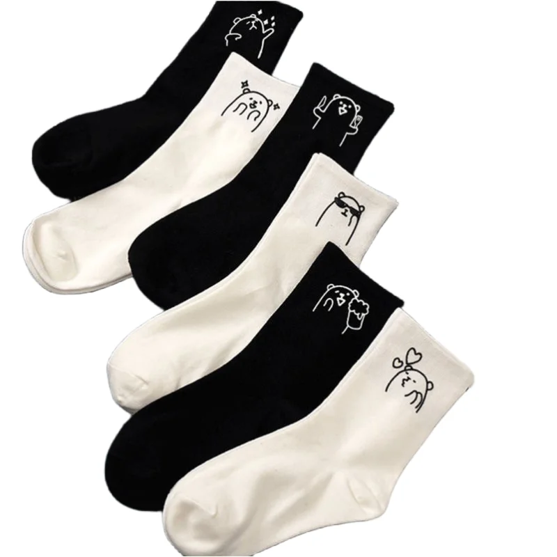 Black and White Socks Simple and Fashionable Mid Length Socks Versatile and Cute Bear Polyester Socks