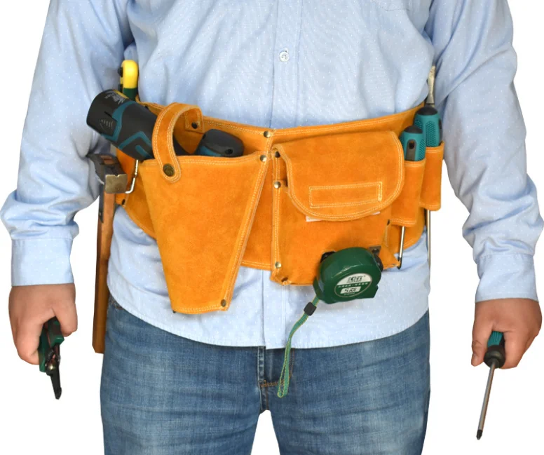 Multifunction Thick Double Layer Cowhide Carpenter Nail Belt Type Mini Bag Metallic tool Storage Waist Bags