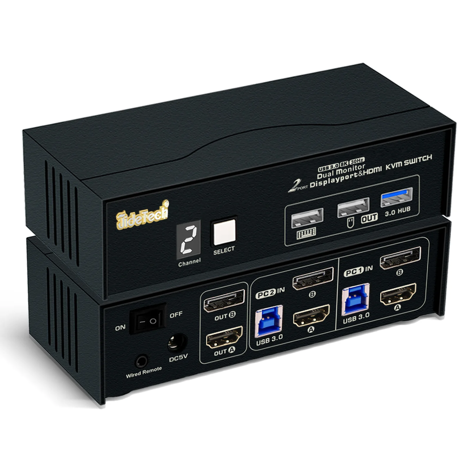 JideTech 2 компьютера 2 монитора USB3.0 (HDMI + DP) KVM переключатель 8K @ 30 Гц, 2 порта двойной монитор KVM с цифровым дисплеем, кабели