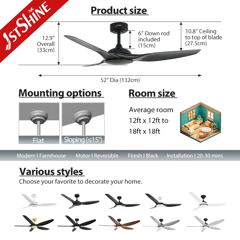 1stshine ceiling fan simple design 6 speed remote control OEM black ceiling fan without light