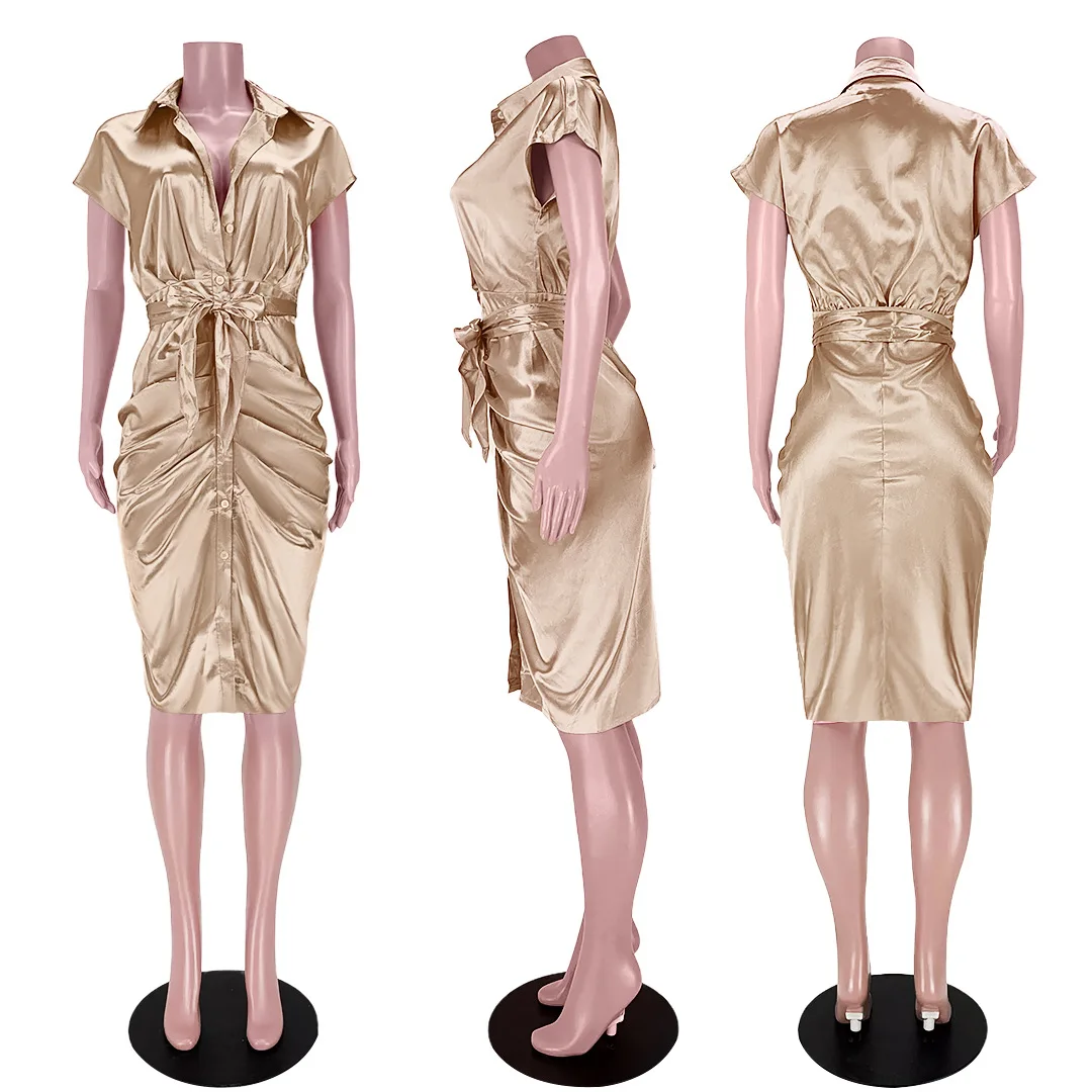 BH385  women Sexy Reflective silk pleated and strapping shirt dress