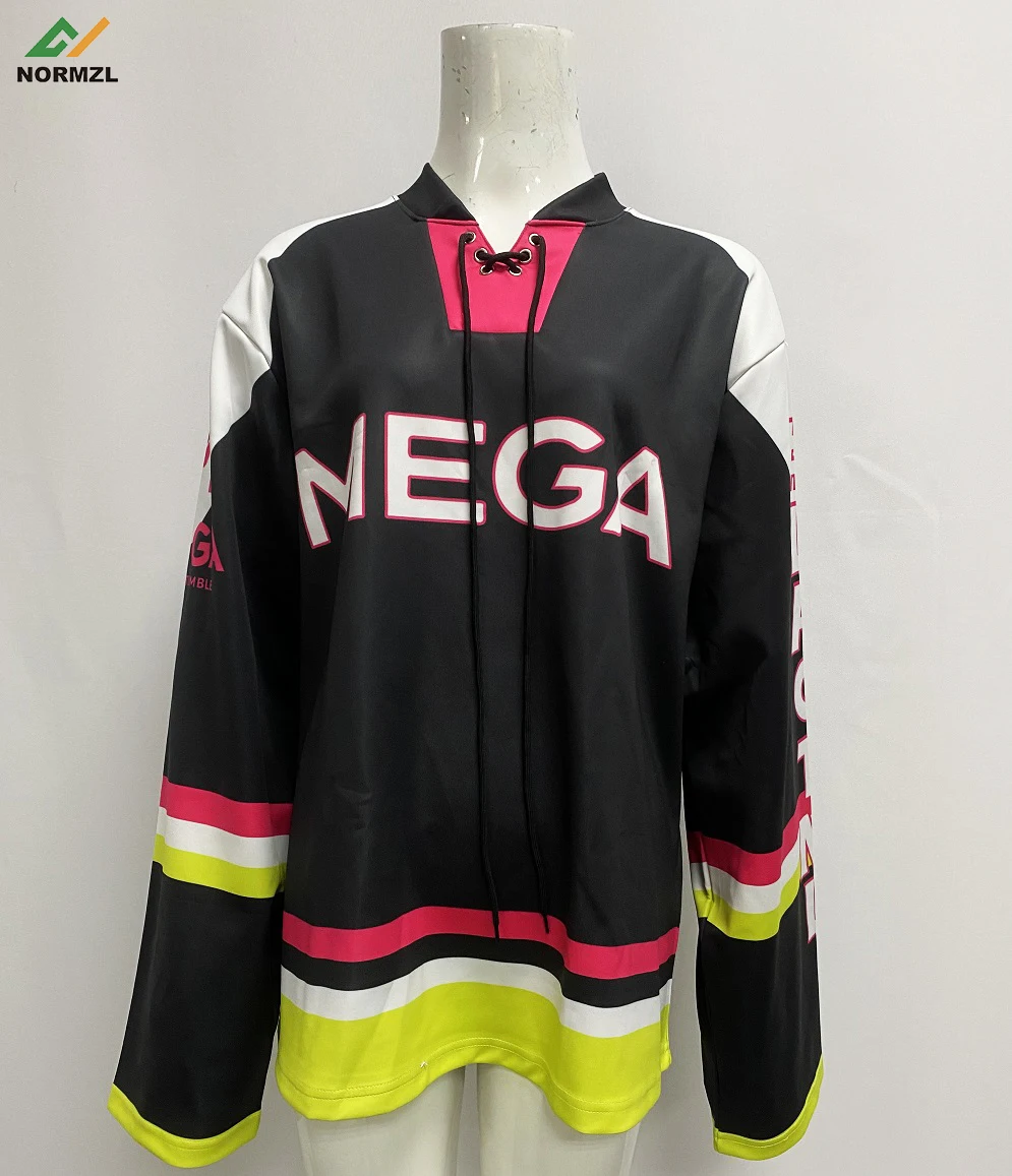 long sleeve sublimated practice laced collar black OEM Professional Polyester Customized Embroidery Ice Hockey Jersey