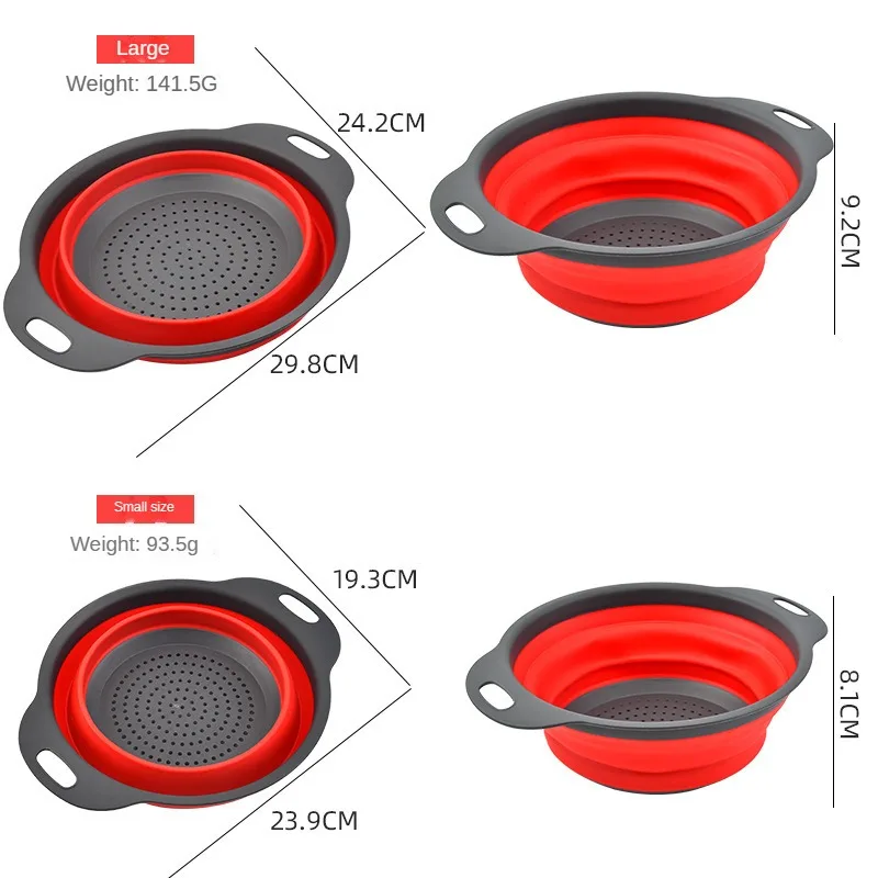 Collapsible Silicone Colander Strainer Set Space-Saving Sturdy Plastic Base Green Red Colored Pasta Food Net Strainer Kitchen