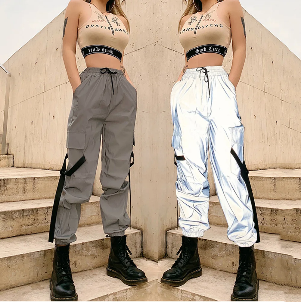
Autumn Winter Loose Hight Waist Flash Reflective Patchwork Jogger Pants 2021 Women Neon Streetwear Outfits Cargo Trousers 