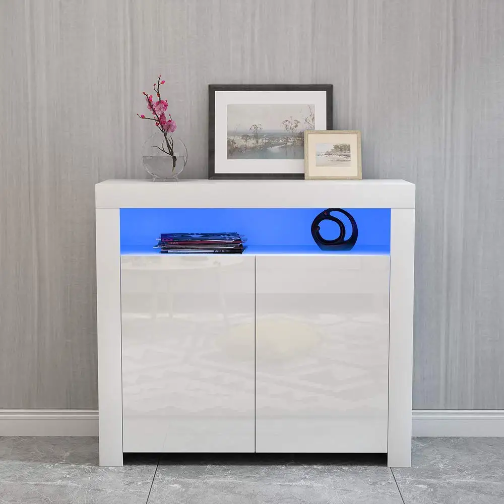 Kitchen Buffet Cabinet,High Gloss Led Sideboard,Storage Server Table With 3 Doors And Open Topper Shelf(white) Cupboard