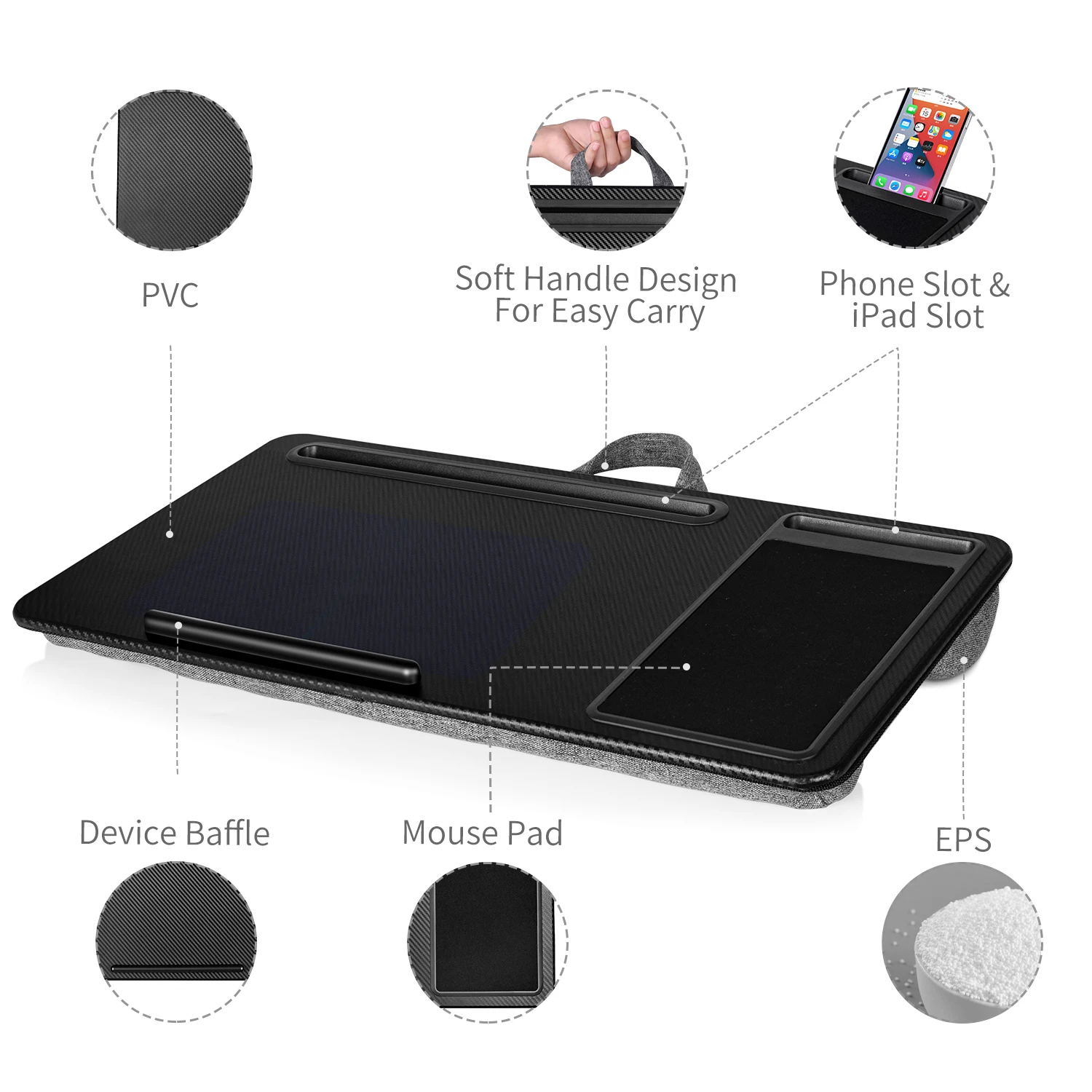 2022 Hot Sale Home Office Laptop Stand with Mouse Pad and Phone Holder Lap Tray Carbon Black Bed Table Stand Holder