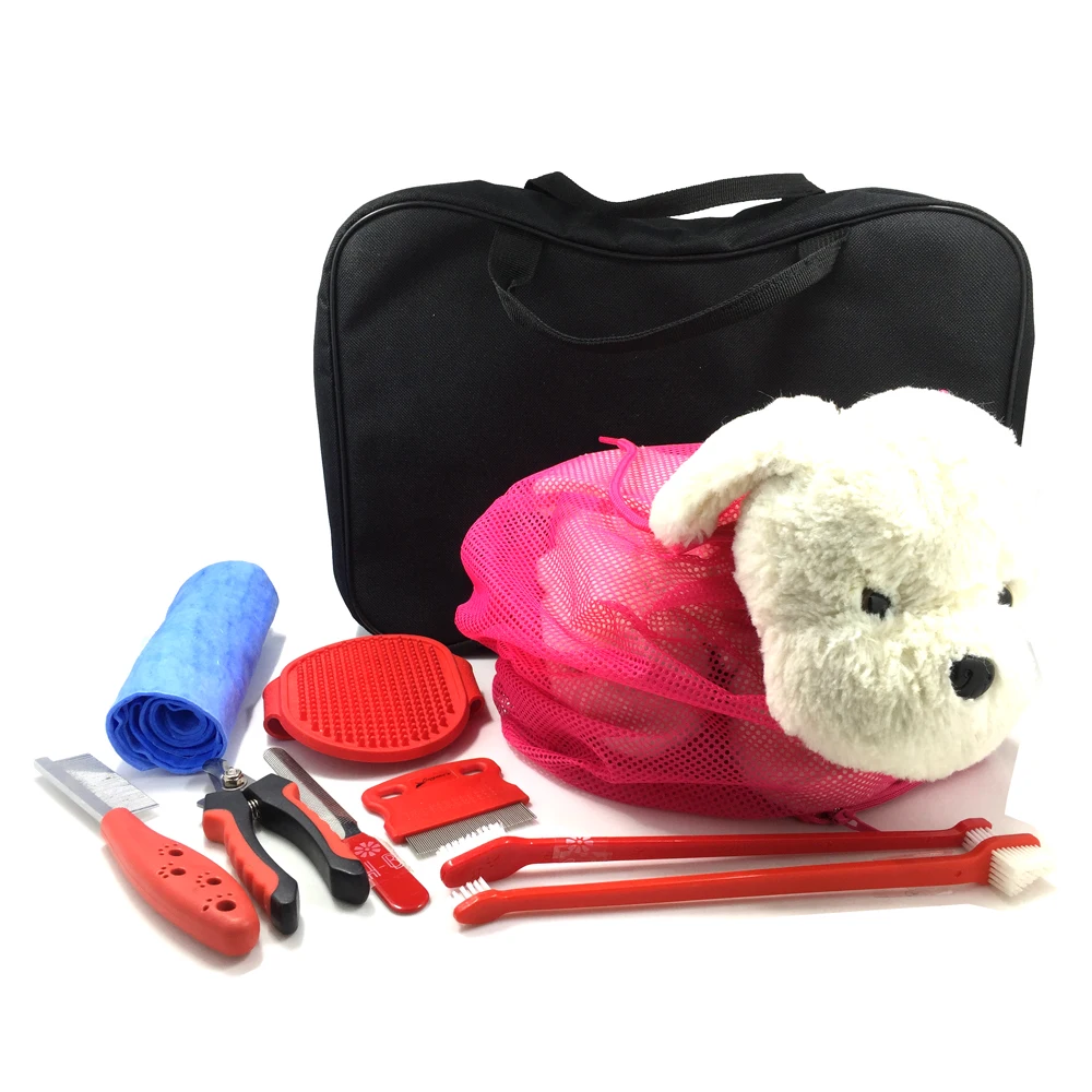 
Luxury Pet Grooming Tools Massage Dog Bath Brush Set with Bag-Glove Comb Nail Scissors & File 