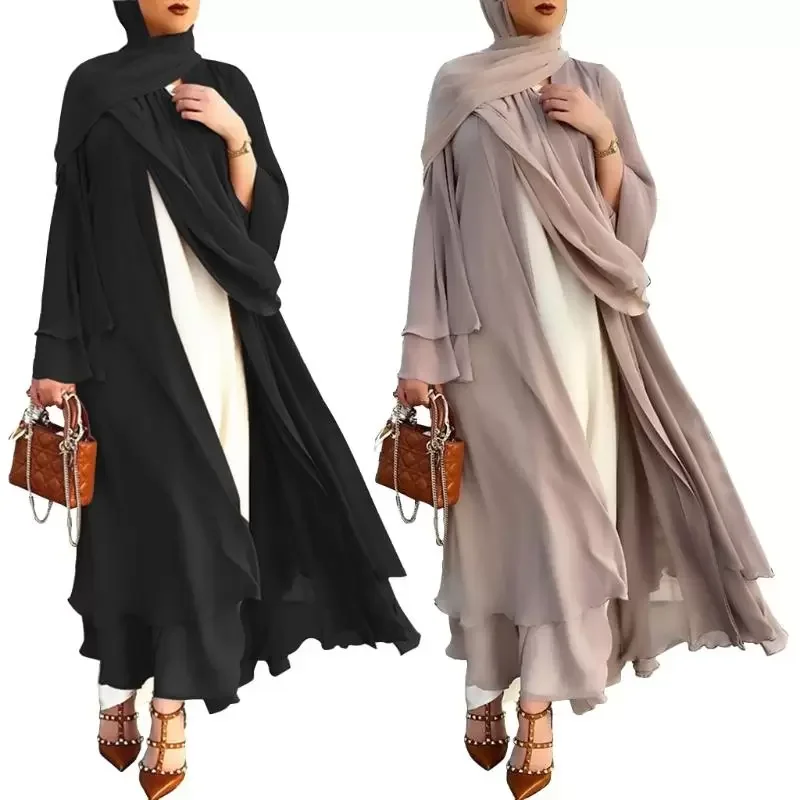 Muslim Long Sleeve Flowy Maxi Cardigan Islamic Open Front Kimono Abaya Robe Turkey Kaftan Solid Color Loose Islamic Dress