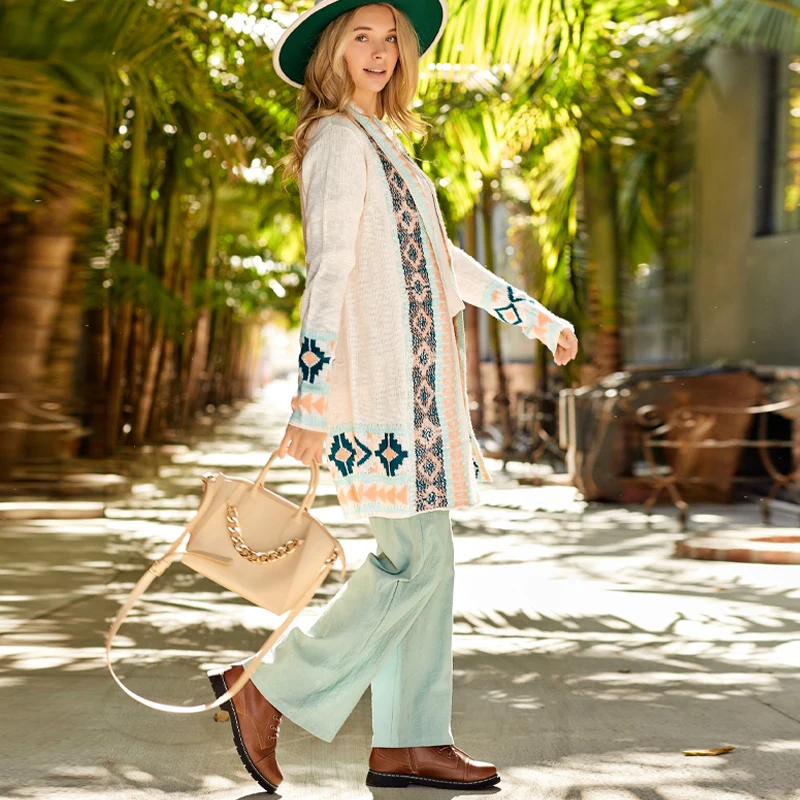 Fall Winter Clothing Ladies Casual Outwear Vintage Solid Open Front Buttons Long Women Sweater Cardigan