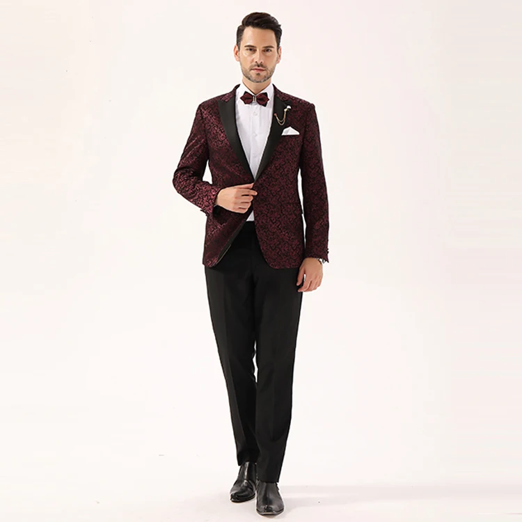 Пиджак мужской с цветочным принтом, модная Банкетная одежда, Узкий блейзер с воротником-шалью, бордовый