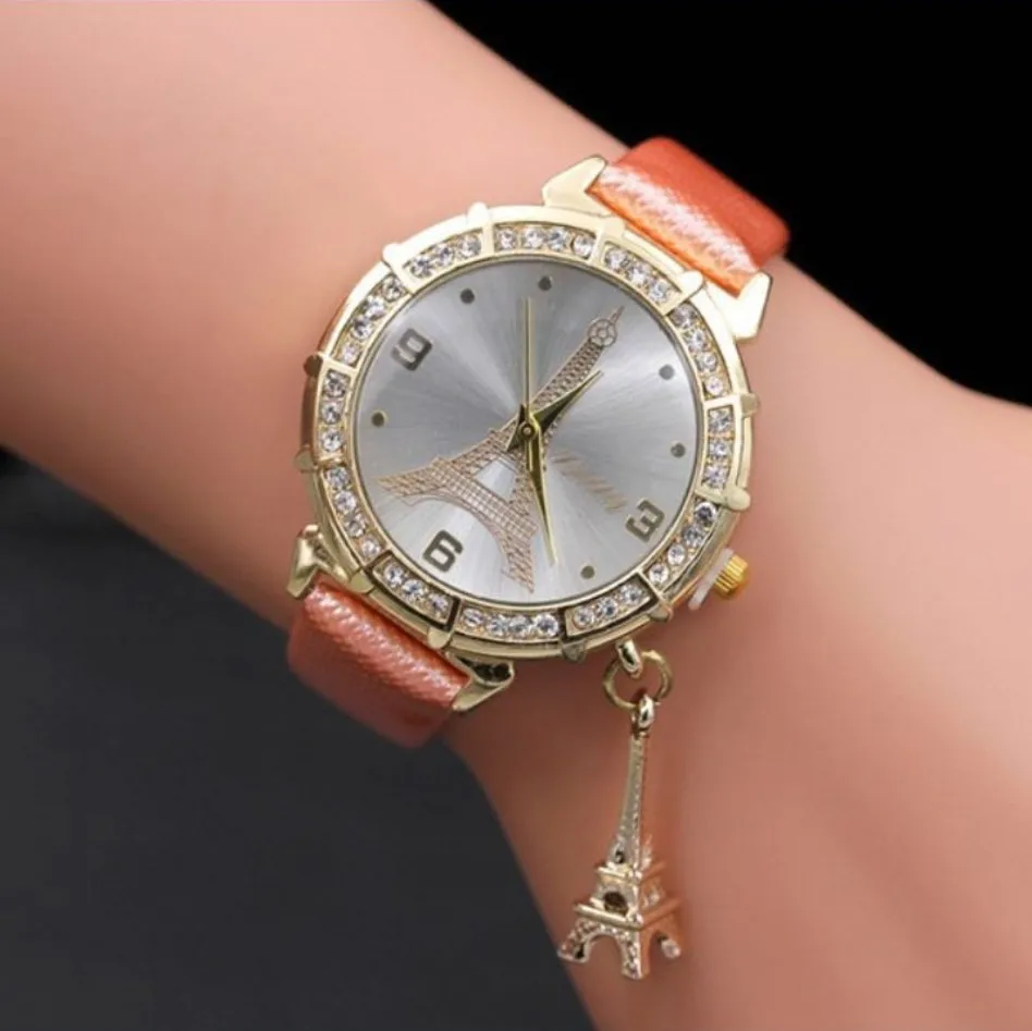 Hot sale Women Quartz Wrist The Eiffel Tower Rhinestone pendant Wrist Watch Female Clock relogio watches