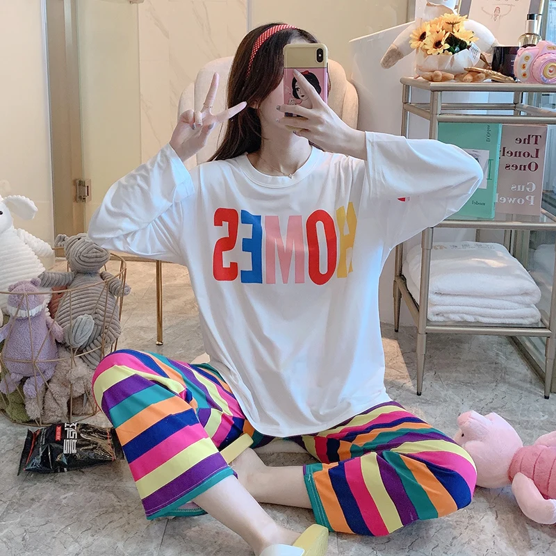 Sleepwear Autumn O Neck Long Sleeve Pants 2Pcs Sets Pajamas Snoopy Cartoons Korean Loungwear Oversize Sweet Leisure Home