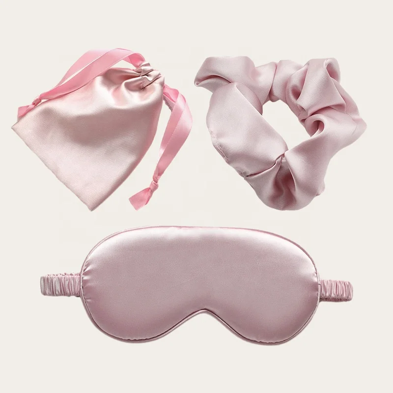 New Design Double Sided Satin Silk Eye Shade Eymask Satin Headband Wraps Silk Sleep Eye Mask Travel Eye Mask And Scrunchies Set