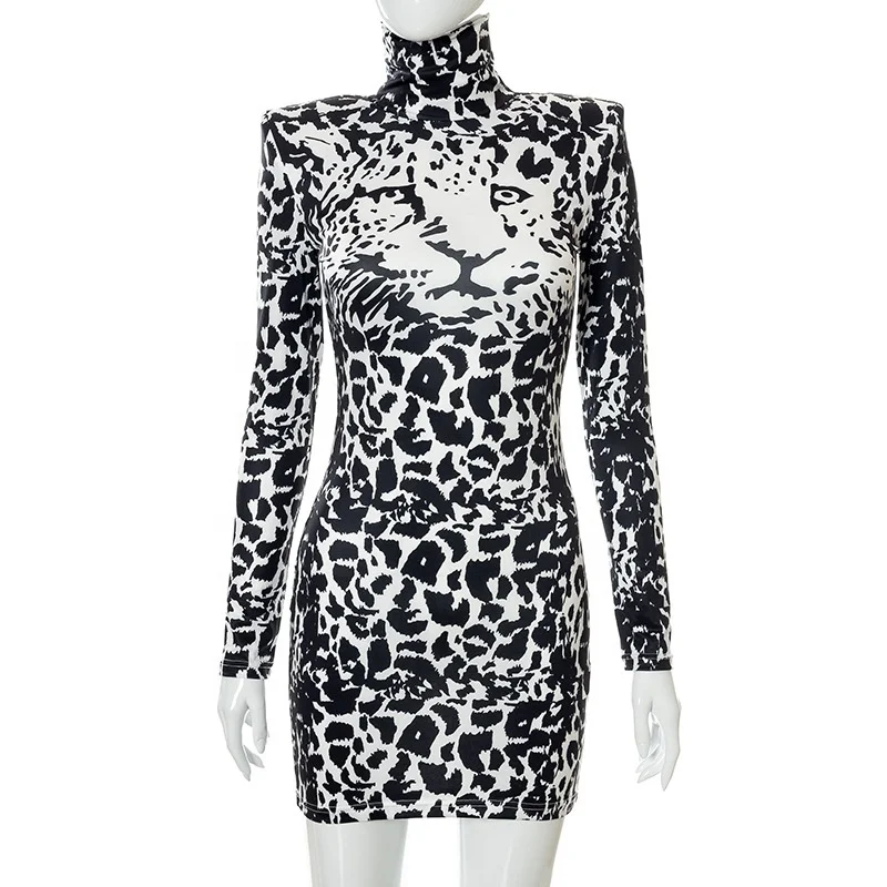 LW 2021 womens fall and winter fashion casual animal printed sexy slimming pullover crew neck long sleeve short romantic dress