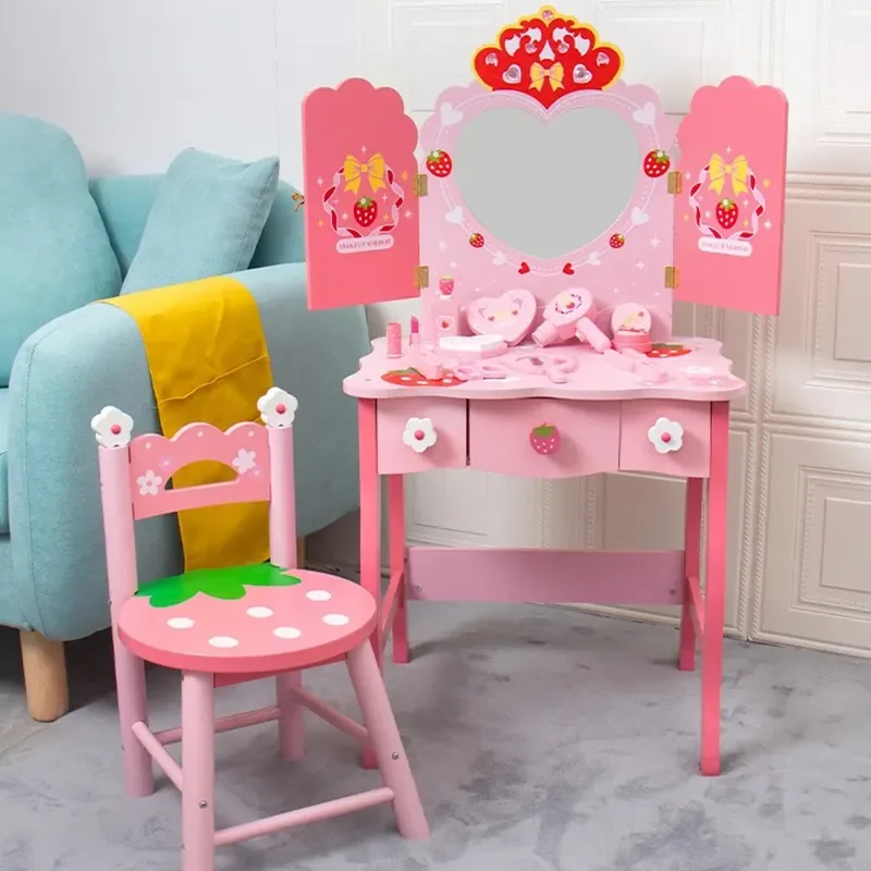 New Arrival Wooden Pink Make up Dressing Table Wooden Pretend Play Kids Make up Toy Set for Girls Kids