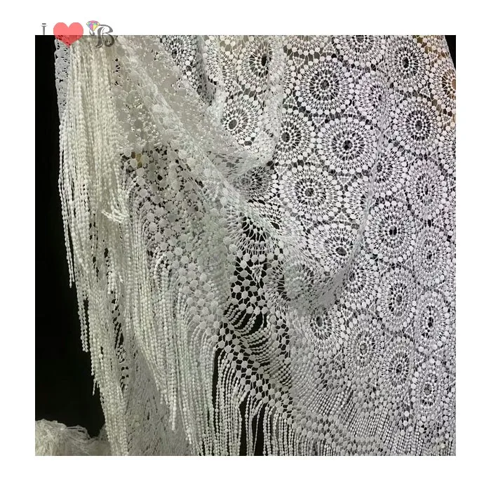pure white fringe tassel border embroidery guipure lace fabric for dresses, fringe cord lace