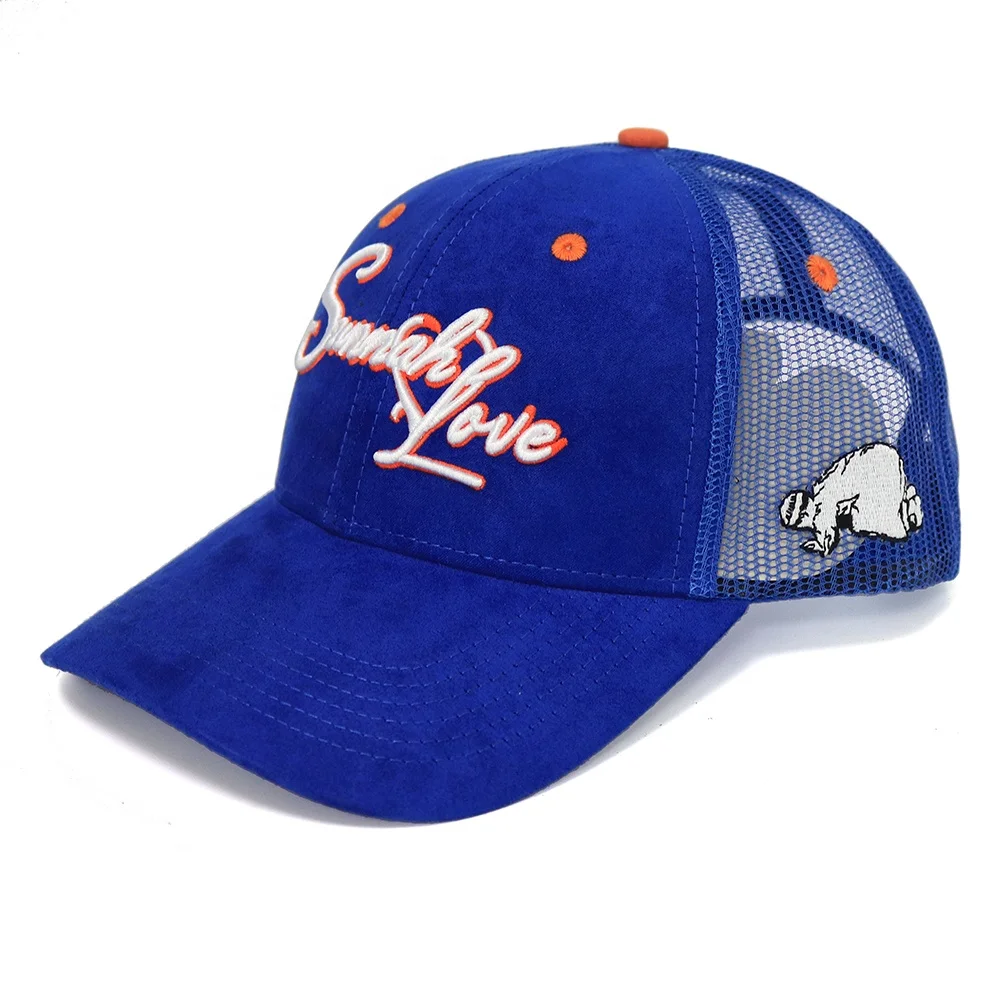 Custom design 6 panel structured blue nylon mesh cap unisex for summer beach sports baseball trucker cap